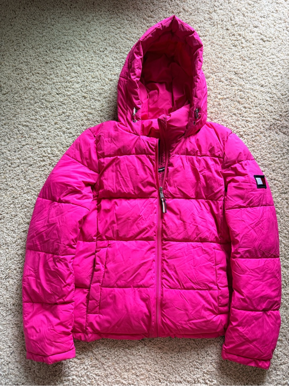 Tommy Hilfiger TH Flex Pink Faux Fur Hood Zip Puffer Jacket Water Resistant M